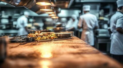 Busy chefs working in a restaurant kitchen, focusing on food hygiene. main objects: chefs, food, kitchen equipment.