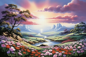 Sticker - Skyscape landscape with flowers outdoors painting nature.