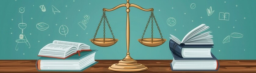 Scales of justice with books on a wooden table against a green background.