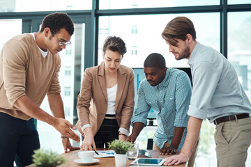 Poster - Creative, business people and communication with paper in office for project funding, financial reporting and cost analysis. Finance team, discussion and documents for expense management and planning