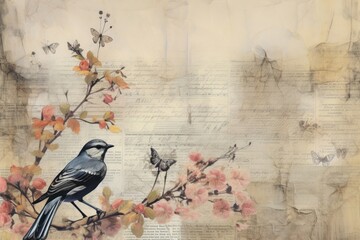 Wall Mural - Bird ephemera border painting animal flower.