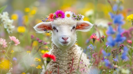 Adorable Lamb with Flower Crown in a Meadow.