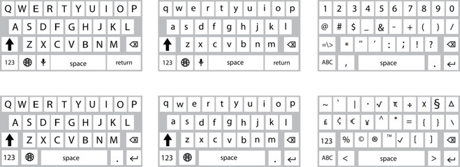 Poster - Set of smartphone keyboard in light mode, keypad alphabet, numerals buttons in trendy modern flat styles, mobile phone tab concepts for white color text app vectors isolated on transparent background.