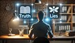 © TensorSpark - A person sitting at a desk, contemplating 'truth' and 'lies' icons, symbolizing media literacy and critical thinking.