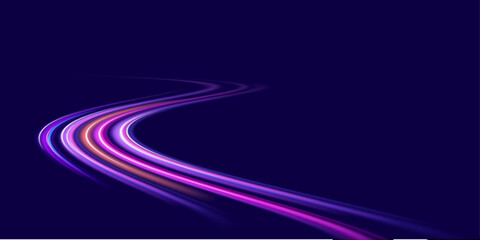 Fototapete - Abstract neon light rays background. A Colorful Motion Background of City Light Trails. Purple glowing wave swirl, impulse cable lines. Long time exposure. Vector