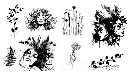 Wall Mural - Detailed trendy design for natural products, wall art, social media, prints, invitations and branding design. Vector set of line drawings of decorated women's heads with flowers, plants and leaves.