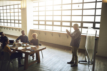 Poster - Whiteboard, presentation and people in meeting at office for business proposal, planning or development. Top view, employee and discussion with idea in workshop for company growth, review or training
