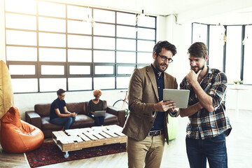 Poster - Business people, designers and thinking with tablet for project, outcome or results at creative office. Young businessmen or employees with technology for brainstorming, ideas or startup at workplace