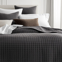 Wall Mural - A bed with a dark gray and white striped, flat-ironed quilt coverlet, with a flannel texture in the center of each square, a dark brown velvet blanket at one end, and multiple pillows of various sizes