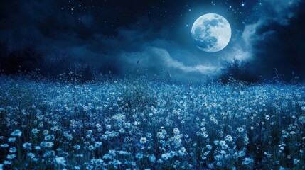 Field of White Flowers Under a Full Moon and Starry Sky