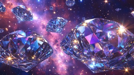 Swirling diamonds and radiant jewels in vivid 3D, floating through the Milky Way on a vibrant paradise background