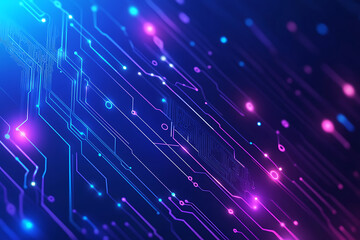 Futuristic vector illustration of an abstract circuit board with neon blue and purple gradients, showcasing intricate digital patterns and tech elements