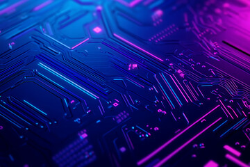 Futuristic vector illustration of an abstract circuit board with neon blue and purple gradients, showcasing intricate digital patterns and tech elements