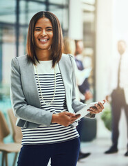 Fototapete - Smile, woman and business tablet in office portrait for communication, email and digital research. Creative agency, professional and worker on technology for internet, planning and social media