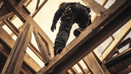 Poster - construction worker walking on wooden beams.