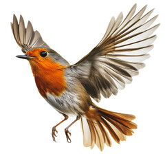 png a european robin in mid-flight showing vibrant orange and gray feathers