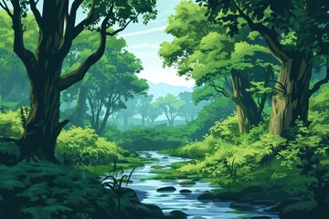 Poster - River in deep forest landscape backgrounds vegetation.