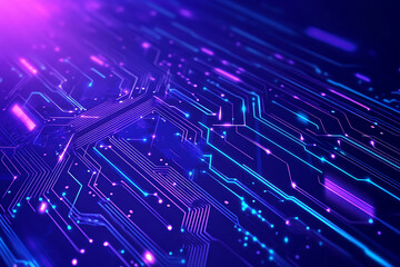 Futuristic vector illustration of an abstract circuit board with neon blue and purple gradients, showcasing intricate digital patterns and tech elements