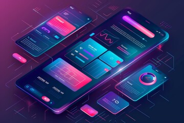 Mobile apps. Creation of a mobile application. Web page created from separate blocks. User experience, user interface template illustration dark background