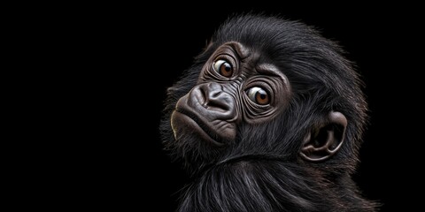 photo of a baby gorilla isolated against a black background, emphasising the baby gorilla's majestic
