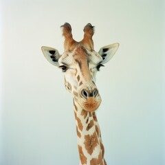 Close-up of a giraffe's face against a soft gradient background, capturing its curious gaze and unique patterns.