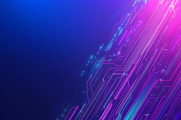 Futuristic vector illustration of an abstract circuit board with neon blue and purple gradients, showcasing intricate digital patterns and tech elements