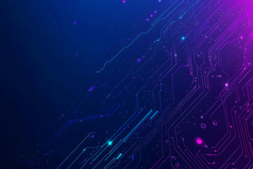 Futuristic vector illustration of an abstract circuit board with neon blue and purple gradients, showcasing intricate digital patterns and tech elements