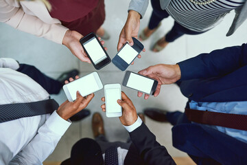 Poster - Hands, business people and above in circle with phone, screen and mockup space for app in modern office. Group, team and smartphone with user experience, contact or notification for connection at job