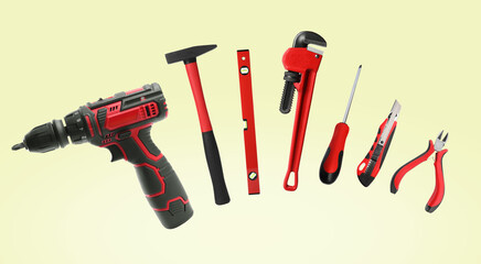 Sticker - Set of different construction tools on light background