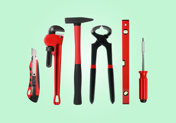 Poster - Set of different construction tools on light turquoise background