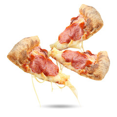 Wall Mural - Slices of delicious pizza in air on white background