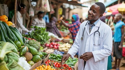 A doctor in a lab coat joyfully selects fresh produce at a bustling outdoor market