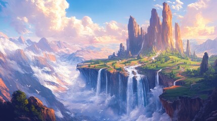 Wall Mural - A Fantasy Landscape with a Majestic Cliffside City and Cascading Waterfalls