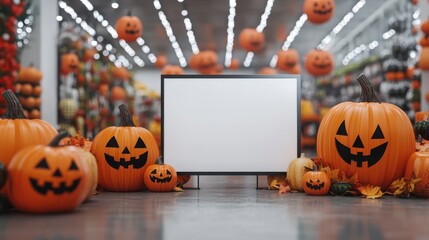 Wall Mural - White signborad for new product advertisement at the supermarket during Halloween.