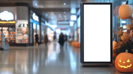 Wall Mural - Blur shopping mall background with blank ad frame for advertise product in Halloween theme.