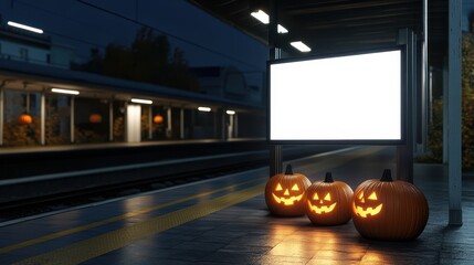 Wall Mural - Blank advertising mockup board for advertisement at the train station in Halloween theme.