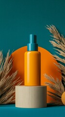 Wall Mural - A bottle of lotion is sitting on a wooden pedestal in front of some dried grass