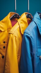 Wall Mural - Two jackets hanging on a rack, one yellow and one blue