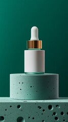 Wall Mural - A bottle of perfume is sitting on a green pedestal