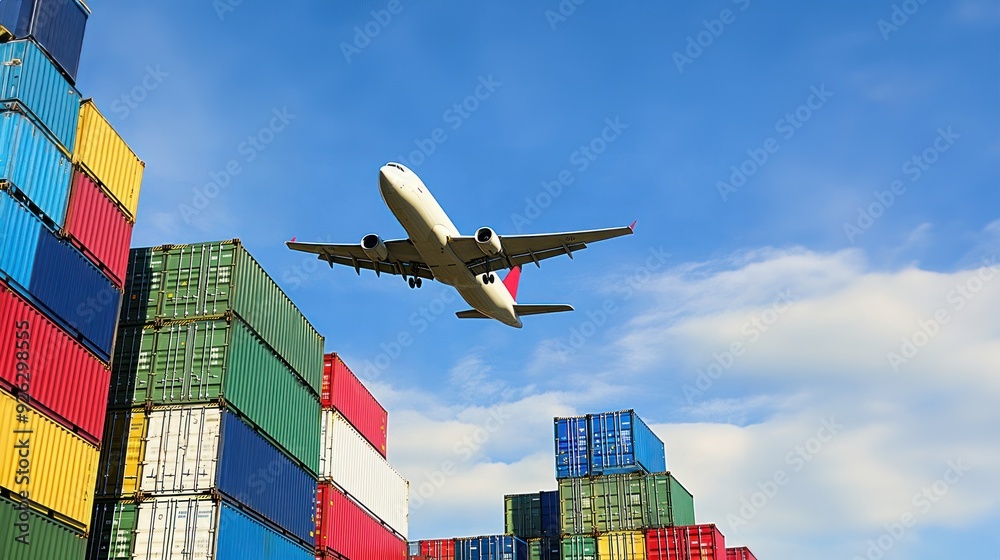 Airplane flying over stacked colorful shipping containers symbolizing ...
