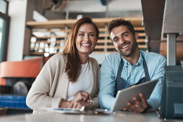 Poster - Small business, portrait and couple in cafe with tablet, positive review and pride for turnover report. Restaurant owners, smile and tech at counter for about us, banking and success in startup