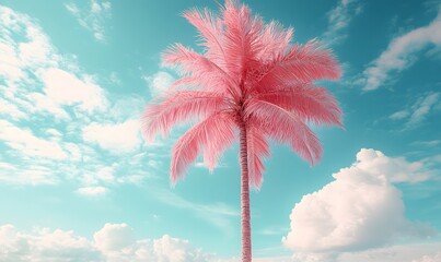 Wall Mural - A Single Pink Palm Tree Against a Blue Sky with White Clouds