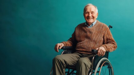 An elderly man with a warm smile sits in a wheelchair, exuding joy and contentment in a tranquil environment