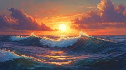 Sticker - Dramatic Sunset Over a Rough Ocean with Waves