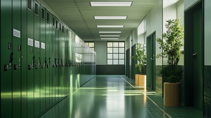 A long hallway with green lockers on one side, a window on the opposite side and green tiled floor.  There are plants in pots and two doors at the end of the hallway. 