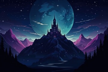 Canvas Print - Castle in moutain night architecture landscape.