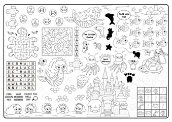 Wall Mural - Vector mermaid black and white placemat. Ocean kingdom printable activity mat with maze, shadow match, find difference. Underwater coloring play mat, menu, kids magazine spreadsheet