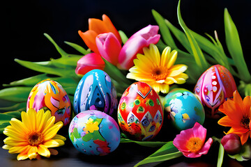 Canvas Print - easter eggs and flowers