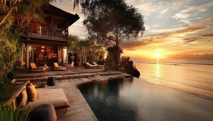 Wall Mural - Luxury villa with pool overlooking sunset ocean.