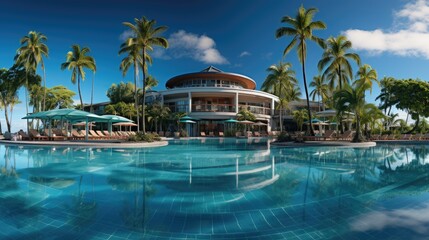 Poster - beautiful views of the resort with blue clear sky, swimming pool and palm trees 